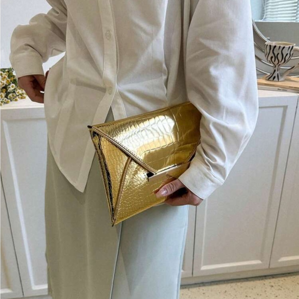 Gold Croc-Embossed Envelope Clutch - Picture 2 of 6